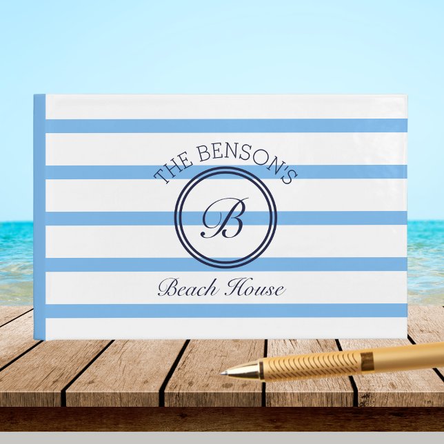 Monogram Blue Stripes Name Beach House Gästebuch (Von Creator hochgeladen)