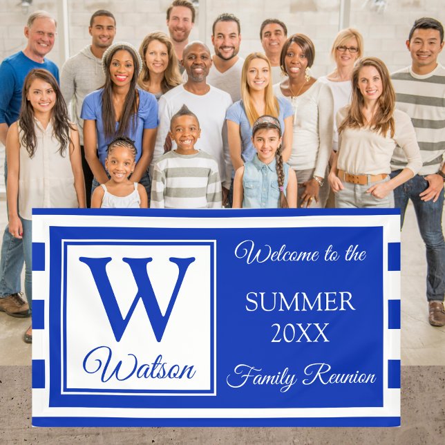 Monogram Blue Stripes Summer Family Wiedersehen Banner (Von Creator hochgeladen)