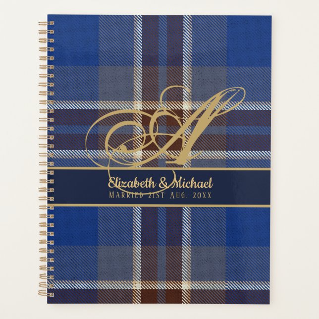 Monogram Blue Tartan Karierte Newlyweds Wedding Planer (Vorderseite)