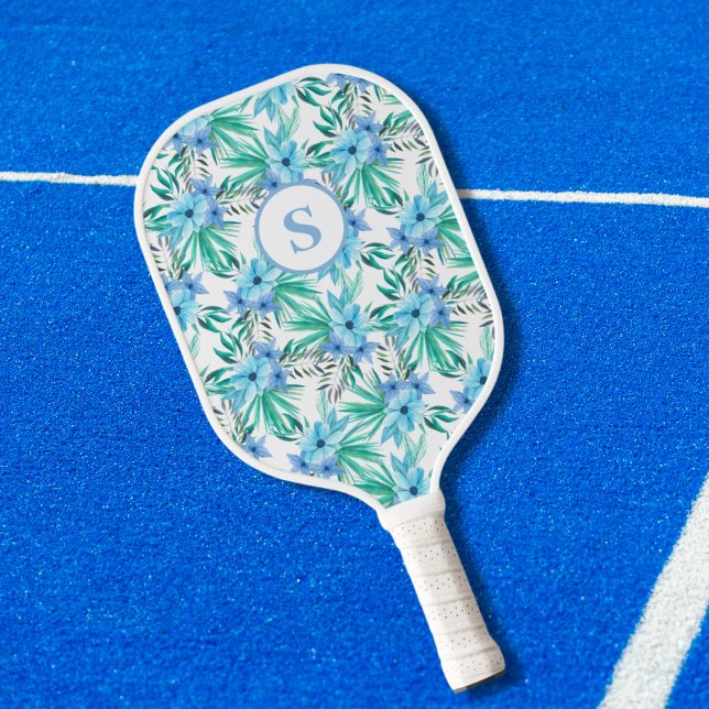 Monogram Blue Tropical Floral Pickleball Schläger (Von Creator hochgeladen)