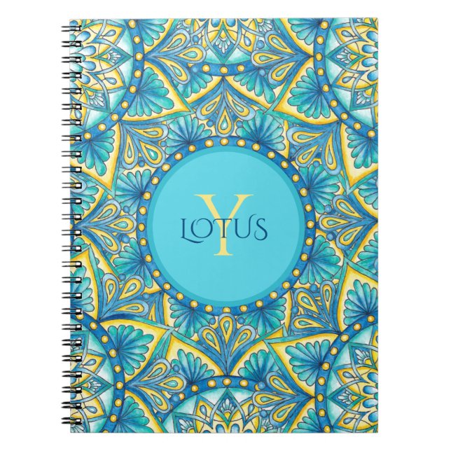 Monogram Blue Turquoise Floral Mandala Muster Notizblock (Vorderseite)