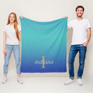 Monogram Blue Turquoise Modern Script Name Fleecedecke