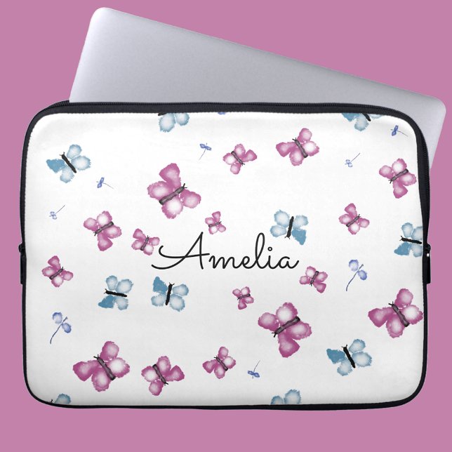 Monogram Blue und Pink Butterfly Laptopschutzhülle (Von Creator hochgeladen)
