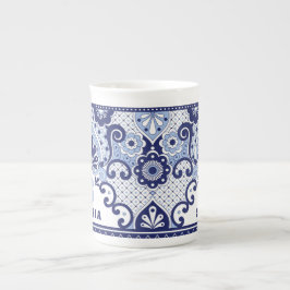 Monogram Blue und White Mexican Talavera Tile Bone Prozellantasse