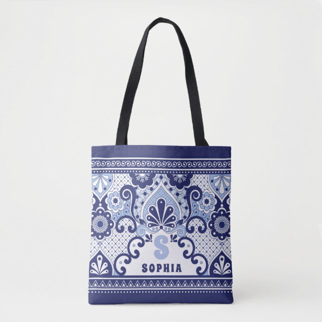 Monogram Blue und White Mexican Talavera Tile Tasche (Vorderseite)