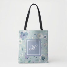 Monogram Blue Violet Watercolor Floral Pattern