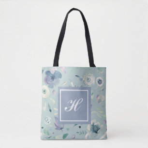 Monogram Blue Violet Watercolor Floral Pattern Tasche