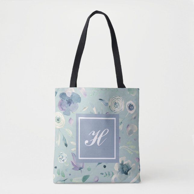 Monogram Blue Violet Watercolor Floral Pattern Tasche (Vorderseite)