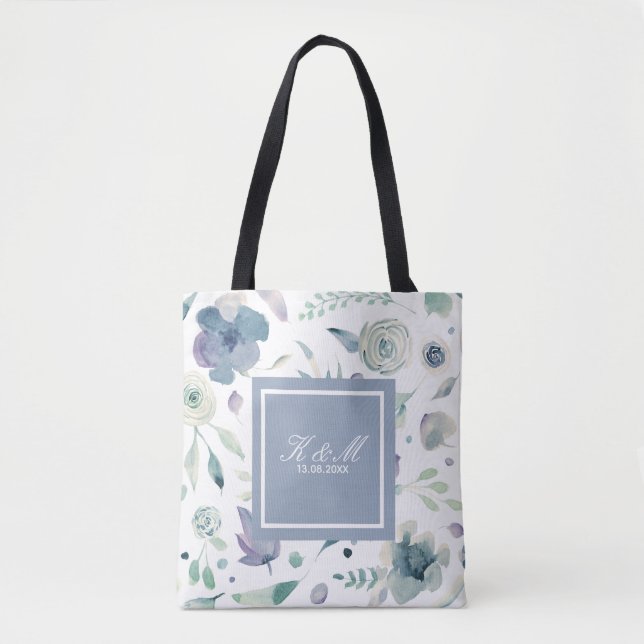 Monogram Blue Violet Watercolor Floral Pattern Tasche (Vorderseite)