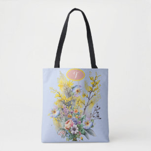 Monogram Blue Watercolor Spring Flowers Bouquet Tasche
