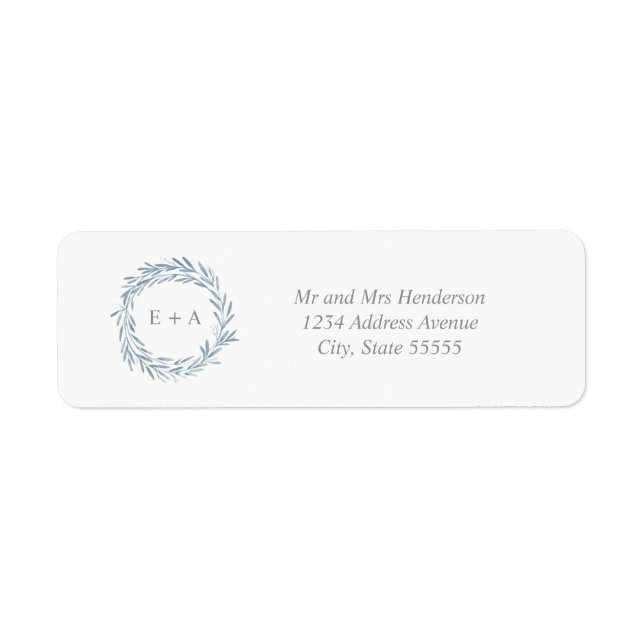 Monogram Blue Watercolor Wreath-Rücksendeadresse (Vorne)