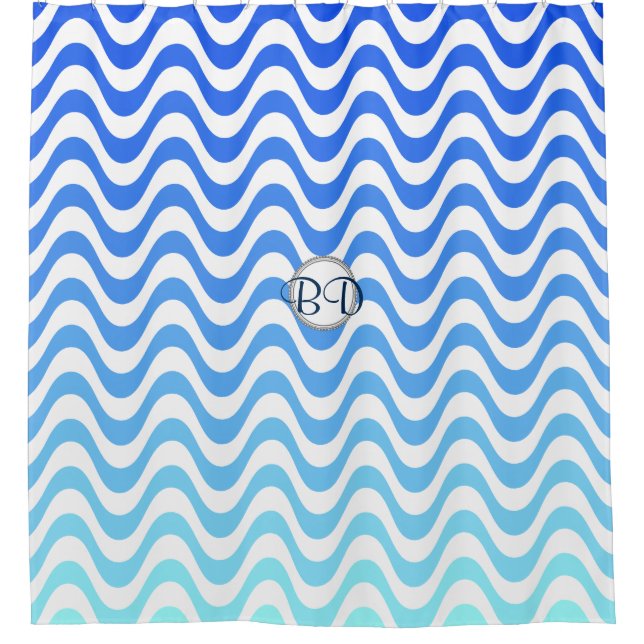 Monogram Blue Wave Muster Duschvorhang (Vorderseite)