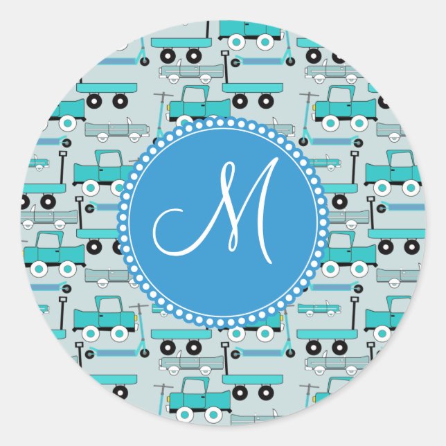 Monogram Blue Wheels Scooters Cars Wagons Trucks Runder Aufkleber (Vorderseite)