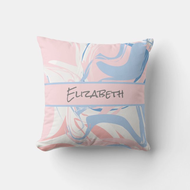 Monogram Blue White Pink Marble Swirl Kissen (Vorderseite)