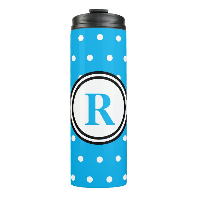 Monogram Blue White Polka Dots Thermosbecher (Vorderseite)