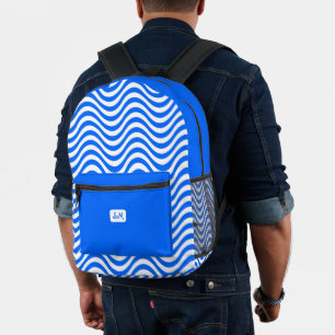 Monogram Blue White Wavy Stripes Psychedelic Bedruckter Rucksack