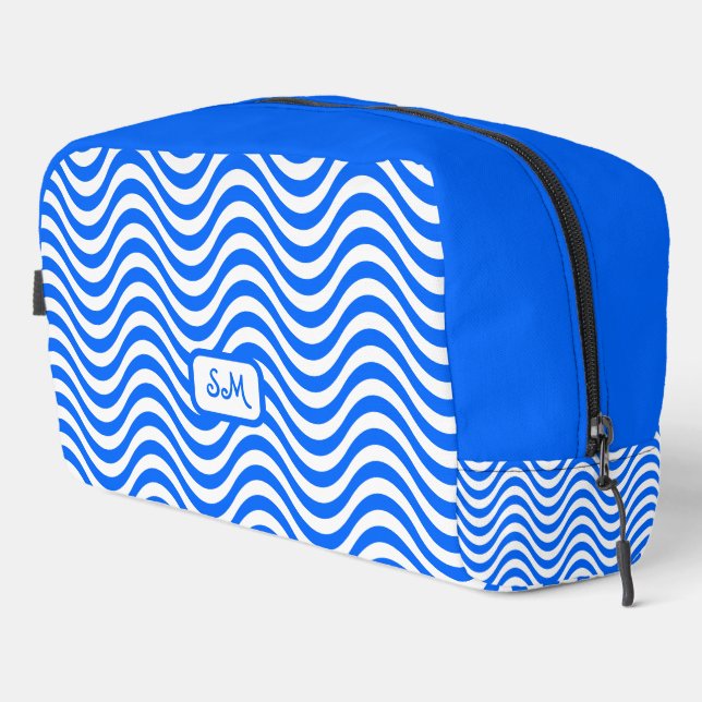 Monogram Blue White Wavy Stripes Psychedelic Waschbeutel (Rechte Ecke)