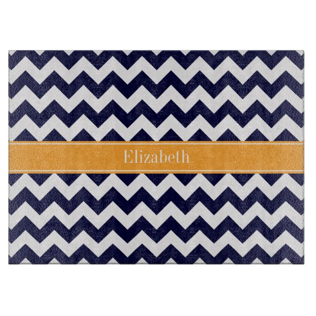 Monogram, Blue White Zickzack Cantaloupe Name Schneidebrett (Vorderseite)