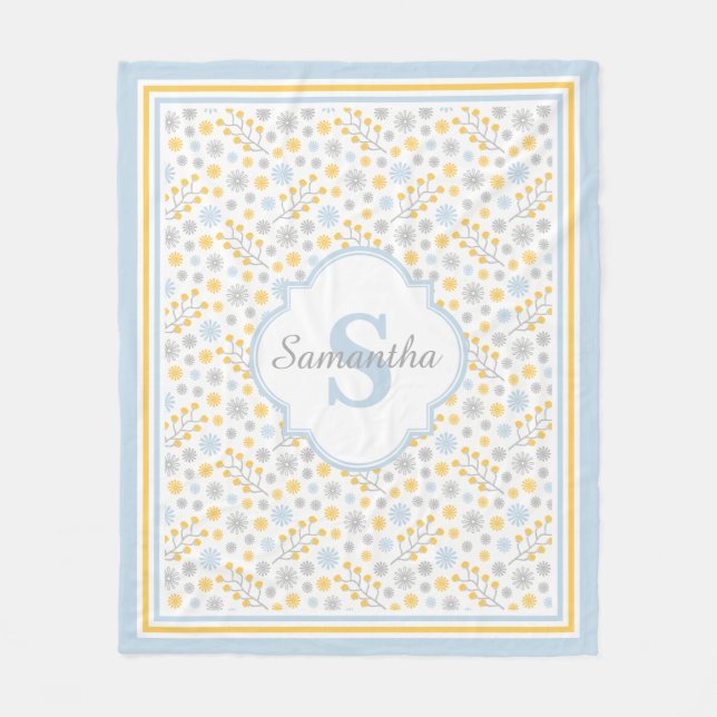 Monogram Blue Yellow & Gray Modern Fleece Blanket (Vorderseite)