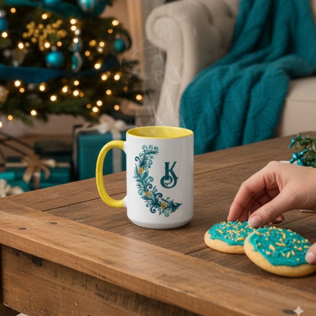 Monogram Blue Yellow Holiday Tasse (Holiday monogram coffee mug)