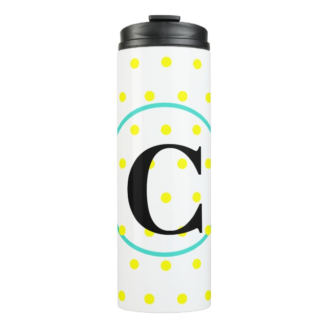 Monogram Blue Yellow Polka Dots Thermosbecher (Vorderseite)