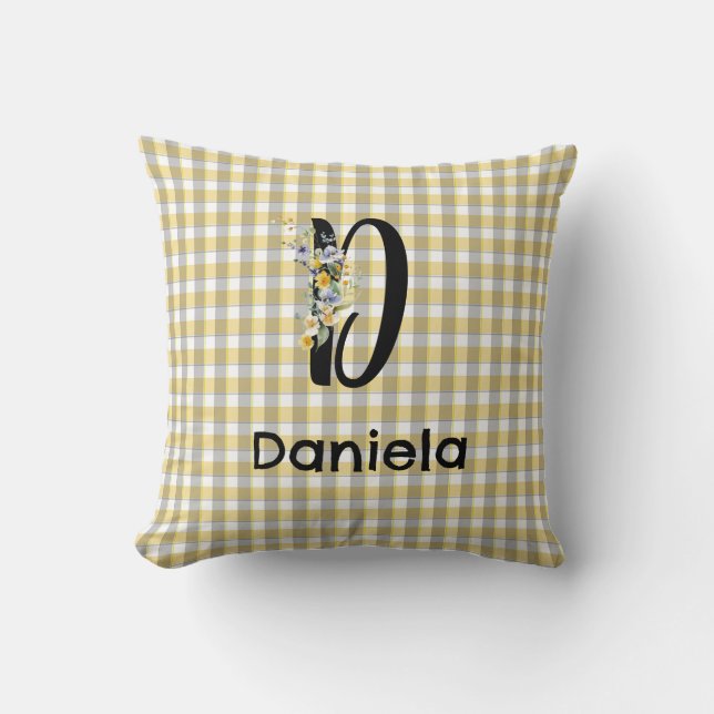 Monogram Blume Retro Gingham Blau Kissen (Vorderseite)