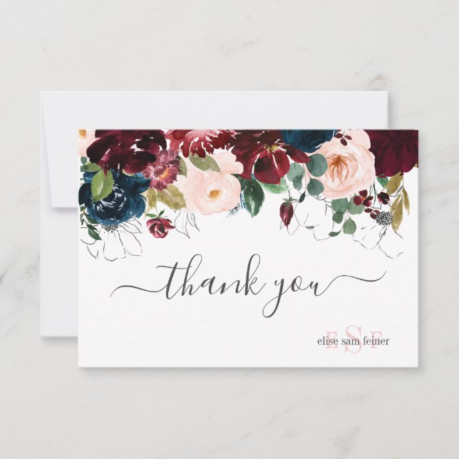 Monogram Blush Burgundy Navy Wasserfarbe Blume Dankeskarte (Vorderseite)