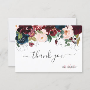 Monogram Blush Burgundy Navy Wasserfarbe Blume Dankeskarte