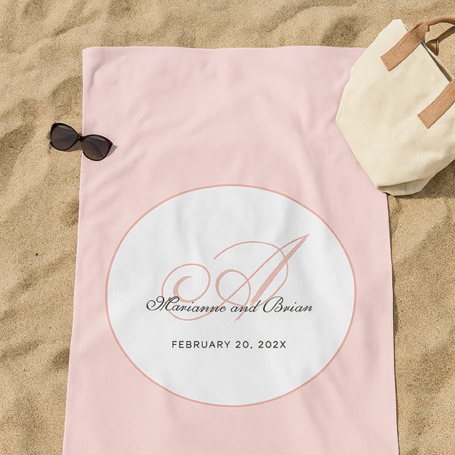 Monogram Blush Pink and White Strandtuch (Wedding anniversary or honeymoon memory gift)