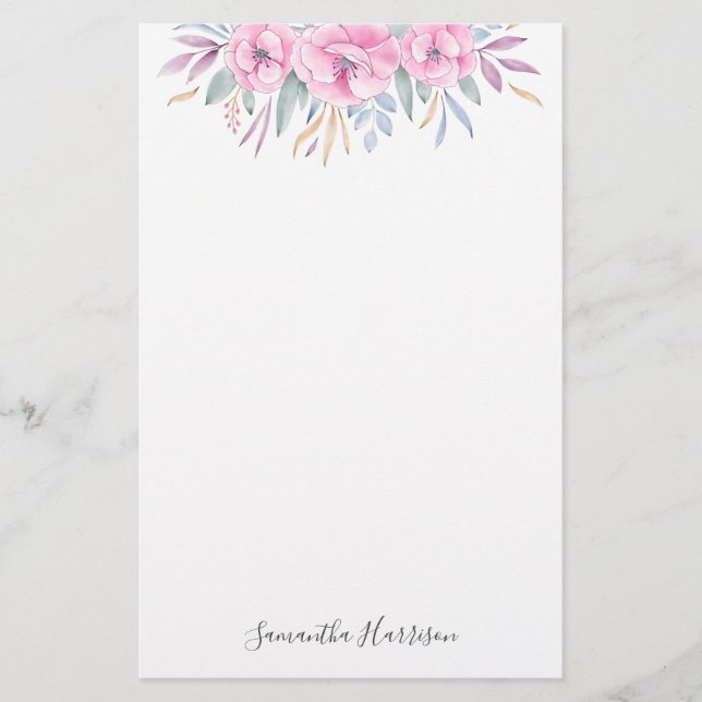 Monogram Blush Pink Blume Aquarell Elegant Briefpapier (Vorderseite)