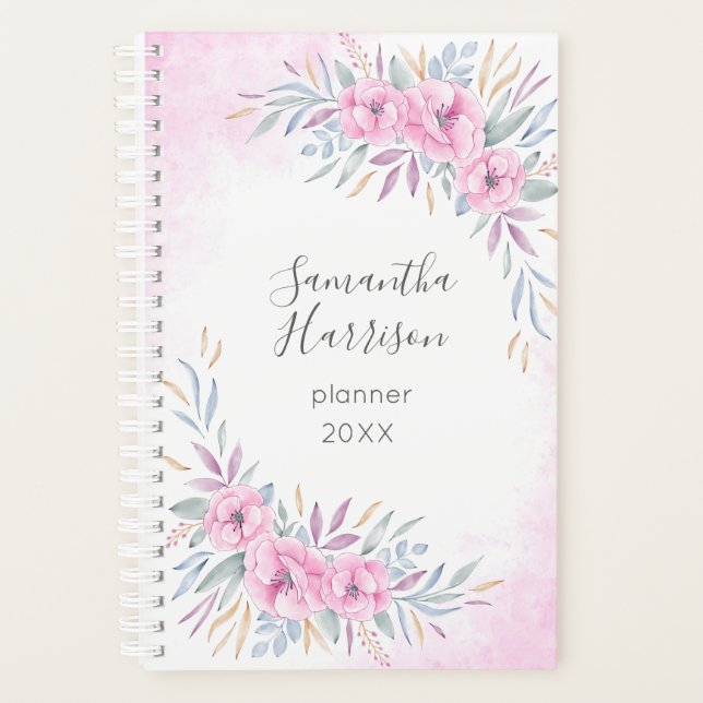 Monogram Blush Pink Blume Aquarell Elegant Planer (Vorderseite)