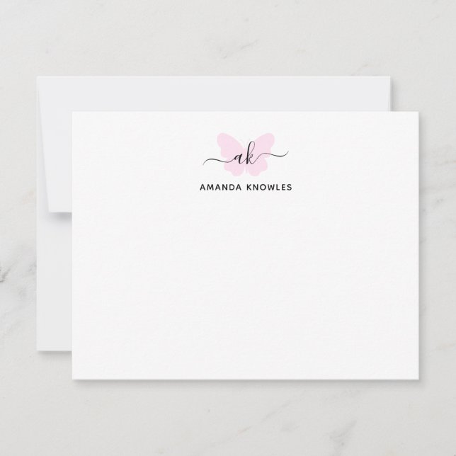 Monogram Blush Pink Butterfly Minimalistisch Girl Mitteilungskarte (Vorderseite)