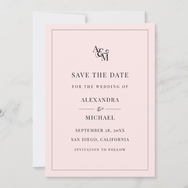 Monogram Blush Pink Einfache Elegante Moderne Hoch Save The Date (Vorderseite)