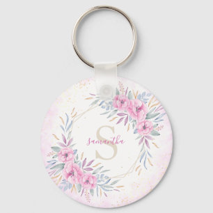 Monogram Blush Pink Flowers Watercolor Elegant Schlüsselanhänger