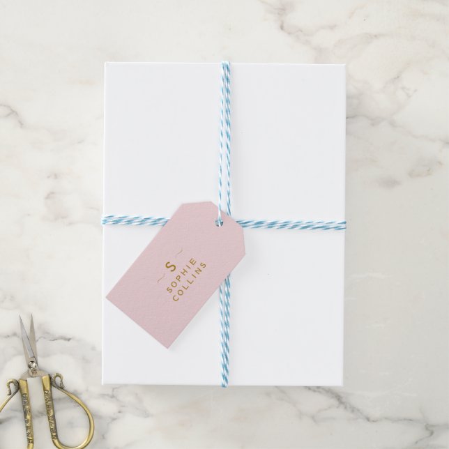 Monogram Blush Pink Gold Minimalistischer Elegante Geschenkanhänger (Mit Garn)