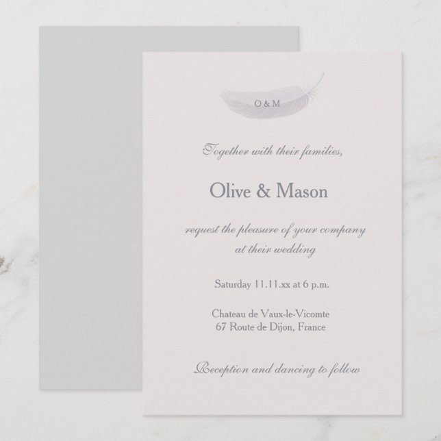 Monogram Blush Pink Gray Feather Elegant Wedding Einladung (Vorne/Hinten)