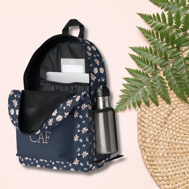 Monogram Blush Pink Navy Blue Floral Blume Bedruckter Rucksack (Navy Blue and Blush Pink Floral Flowers Monogrammed Initials name Personalized Back Pack)