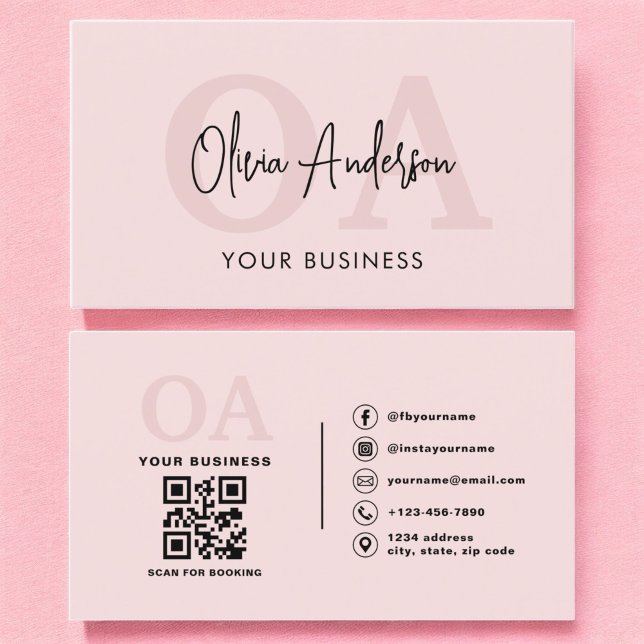 Monogram Blush Pink QR Code Modern Minimalistisch Visitenkarte (Von Creator hochgeladen)