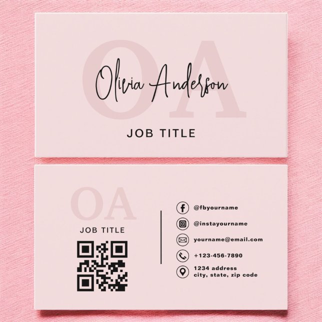 Monogram Blush Pink QR Code Modern Minimalistisch Visitenkarte (Von Creator hochgeladen)