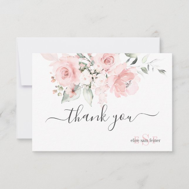 Monogram Blush Pink Roses Aquarellfarben Blume Dankeskarte (Vorderseite)
