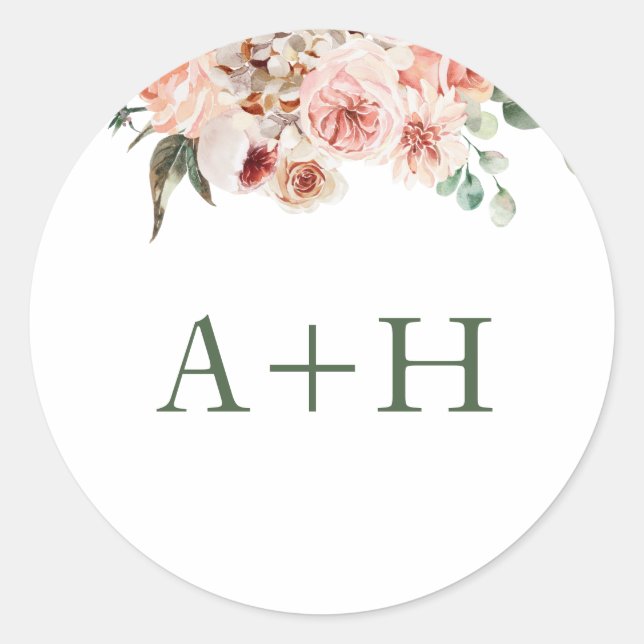 Monogram Blush Pink Roses Grüne Hochzeit Runder Aufkleber (Vorderseite)
