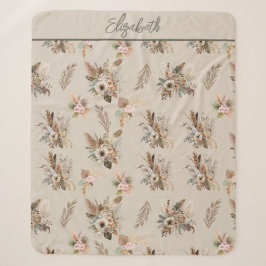Monogram Boho Beige Green Pink Floral Botanisch Sherpadecke