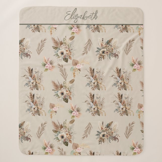 Monogram Boho Beige Green Pink Floral Botanisch Sherpadecke (Vorderseite)
