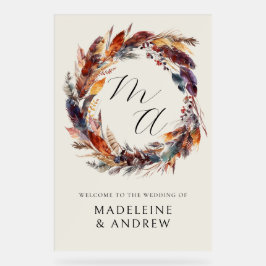 Monogram Boho Feathers Wreath Wedding Welcome Acrylschild