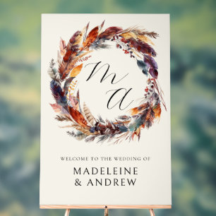 Monogram Boho Feathers Wreath Wedding Welcome Acrylschild
