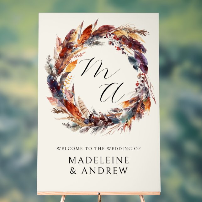 Monogram Boho Feathers Wreath Wedding Welcome Acrylschild (Neutral)
