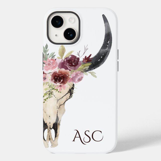 Monogram Boho Floral Skull Case-Mate iPhone 14 Hülle (Rückseite)