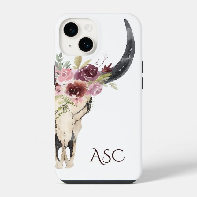 Monogram Boho Floral Skull iPhone 14 Hülle (Rückseite)