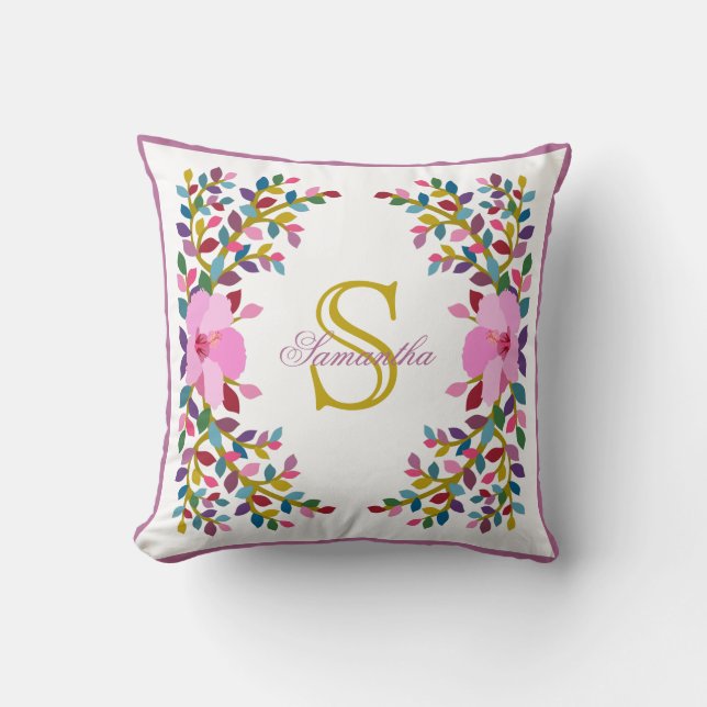Monogram Boho Foliage Hibiskus Throw Pillow Kissen (Vorderseite)