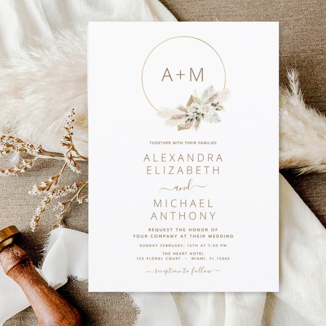 Monogram Boho Tropical Pampas Grass Wedding Invita Einladung (Von Creator hochgeladen)